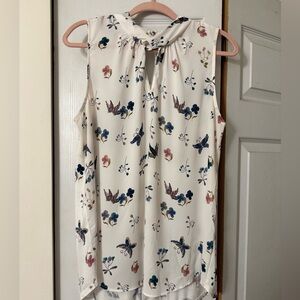 LOFT White Floral Twist-Neck Blouse